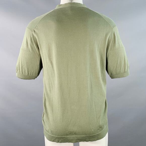 BOTTEGA VENETA M Green Blue Numbers Applique Cotton V-Neck Short Sleeve Shirt - Picture 4 of 6